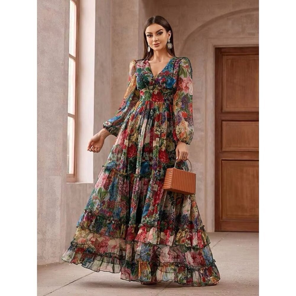 Toleen Maxi Dress Chiffon Wedding Garden Vacation Multi Floral Size 2XL